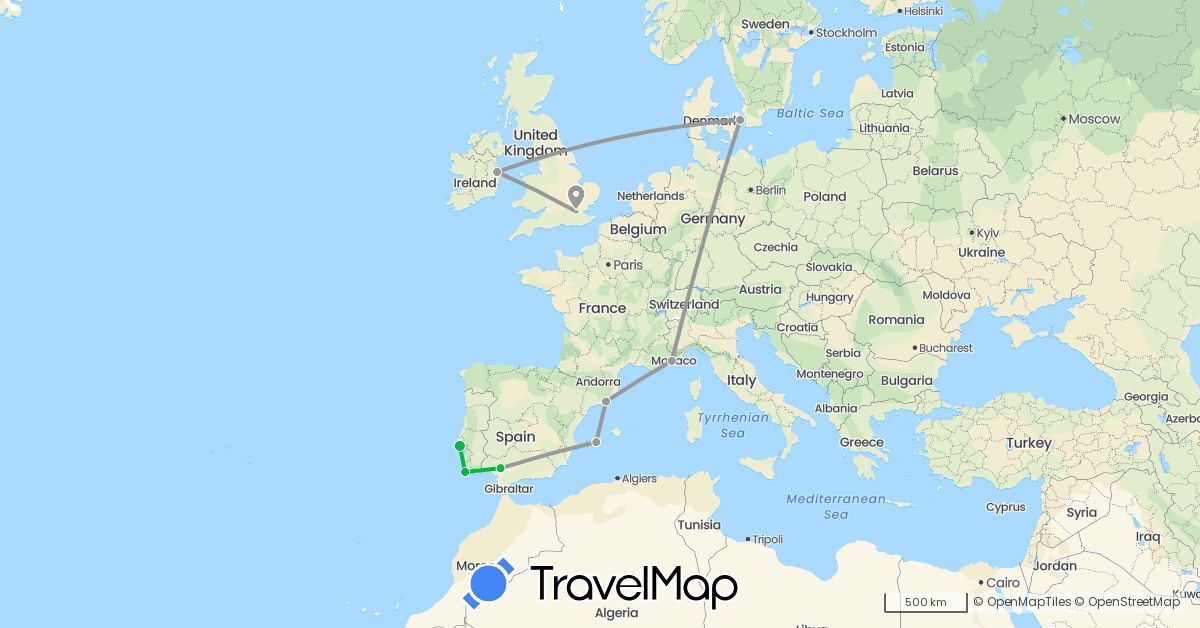 TravelMap itinerary: bus, plane in Denmark, Spain, France, United Kingdom, Ireland, Portugal (Europe)
